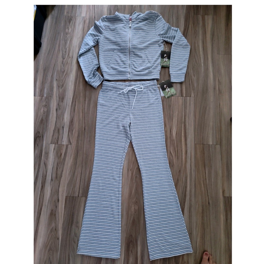 Girlhood Society Women Striped Zip Up Hoodie and Flare Pants Lounge Set Blue M